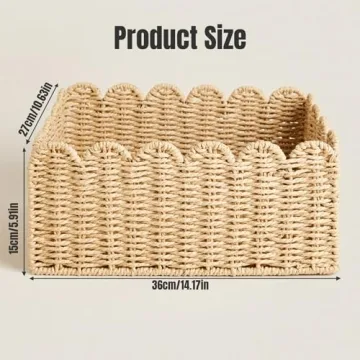 CurcKua Scalloped Basket, 14.2x10.6x5.9 Wicker Storage Basket Wicker Basket, Recycled Paper Rope Woven Storage Basket Rattan Basket for Kitchen Bathroom, Decorative Pantry Baskets for Organizing