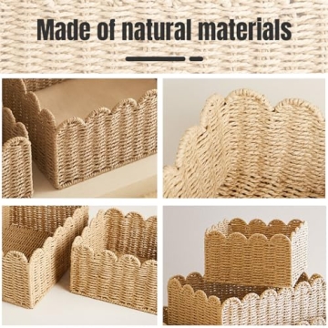 CurcKua Scalloped Basket, 14.2x10.6x5.9 Wicker Storage Basket Wicker Basket, Recycled Paper Rope Woven Storage Basket Rattan Basket for Kitchen Bathroom, Decorative Pantry Baskets for Organizing