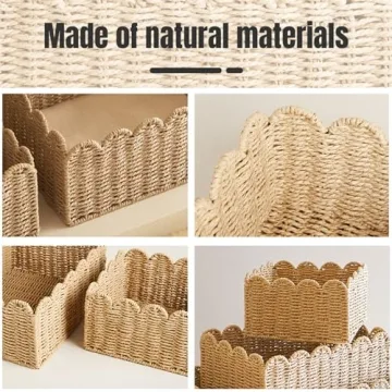 CurcKua Scalloped Basket, 14.2x10.6x5.9 Wicker Storage Basket Wicker Basket, Recycled Paper Rope Woven Storage Basket Rattan Basket for Kitchen Bathroom, Decorative Pantry Baskets for Organizing