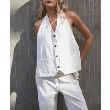 Kedera Women's Tie Up Denim Vest Button Down Backless Denim Tank Top V Neck Sexy Loose Fashion Cropped Vest