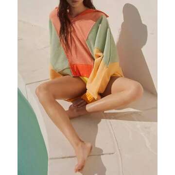 Yuemengxuan Shaker Fleece Sweatshirt for Women Long Sleeve Colorblock Oversized Sweatshirts Y2k V-Neck Pullover Sweaters Fall Outfits, Orange, Medium