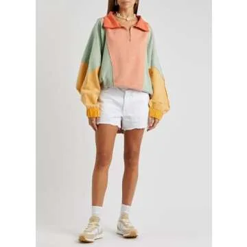 Yuemengxuan Shaker Fleece Sweatshirt for Women Long Sleeve Colorblock Oversized Sweatshirts Y2k V-Neck Pullover Sweaters Fall Outfits, Orange, Medium