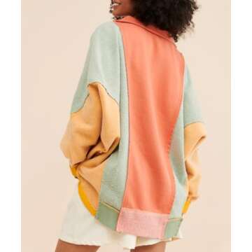 Yuemengxuan Shaker Fleece Sweatshirt for Women Long Sleeve Colorblock Oversized Sweatshirts Y2k V-Neck Pullover Sweaters Fall Outfits, Orange, Medium