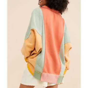 Yuemengxuan Shaker Fleece Sweatshirt for Women Long Sleeve Colorblock Oversized Sweatshirts Y2k V-Neck Pullover Sweaters Fall Outfits, Orange, Medium