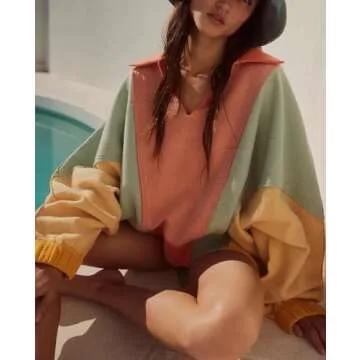Yuemengxuan Shaker Fleece Sweatshirt for Women Long Sleeve Colorblock Oversized Sweatshirts Y2k V-Neck Pullover Sweaters Fall Outfits, Orange, Medium