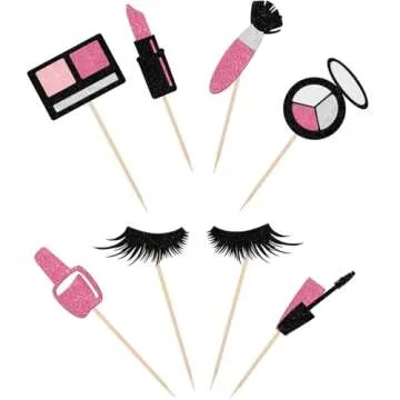 24 PCS Makeup Cupcake Toppers Glitte Cosmetics Lipstick Eyelashes Cake Picks Make Up theme Girls Birthday Party Decorations Supplies