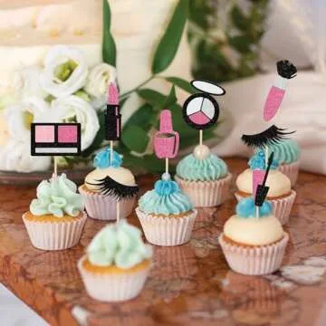 24 PCS Makeup Cupcake Toppers Glitte Cosmetics Lipstick Eyelashes Cake Picks Make Up theme Girls Birthday Party Decorations Supplies