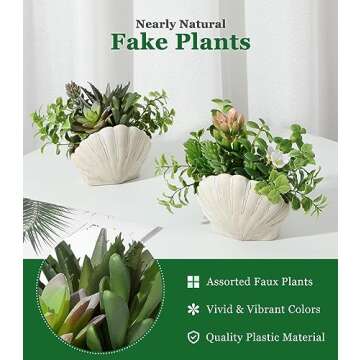 Lewondr Fake Plants Set of 2, Assorted Faux Succulents Artificial Plants with Sea Shell Pots, Artifi...