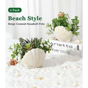 Lewondr Fake Plants Set of 2, Assorted Faux Succulents Artificial Plants with Sea Shell Pots, Artificial Greenery in Coastal Beach Decor, Ocean Seashell Series for Home Bedroom Beach Theme Party