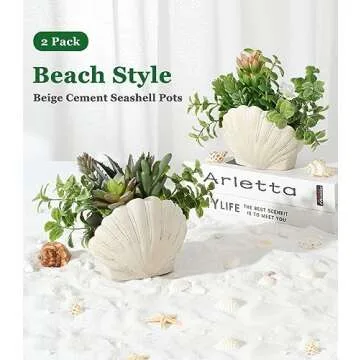 Lewondr Fake Plants Set of 2, Assorted Faux Succulents Artificial Plants with Sea Shell Pots, Artificial Greenery in Coastal Beach Decor, Ocean Seashell Series for Home Bedroom Beach Theme Party