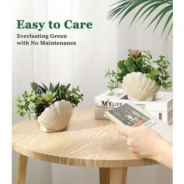 Lewondr Fake Plants Set of 2, Assorted Faux Succulents Artificial Plants with Sea Shell Pots, Artificial Greenery in Coastal Beach Decor, Ocean Seashell Series for Home Bedroom Beach Theme Party