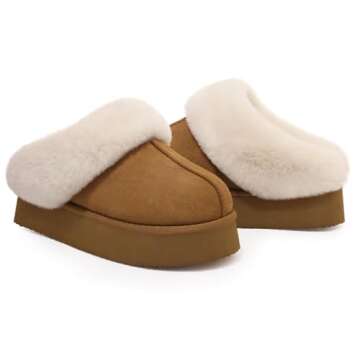 Litfun Fuzzy Platform Slippers for Women Comfy Winter House Shoes with Memory Foam Indoor Outdoor, Chestnut 40-41 (size 7.5-8)
