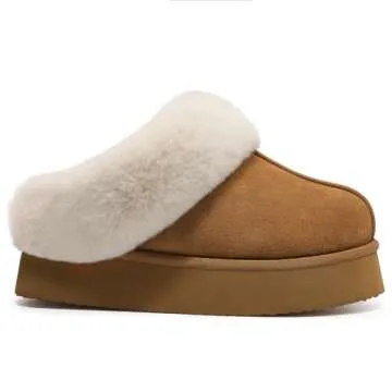 Litfun Fuzzy Platform Slippers for Women Comfy Winter House Shoes with Memory Foam Indoor Outdoor, Chestnut 40-41 (size 7.5-8)
