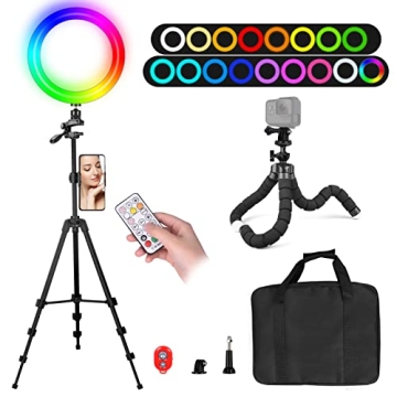 EMART 10" Ring Light with 55" Extendable Tripod Stands, 16 Colors RGB Camera Selfie Ringlight for Ph...