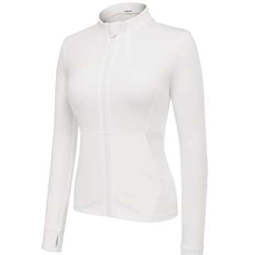 COOrun Women's Running Jacket Long Sleeve Workout Jacket with Thumb Holes Zip Up Running Jacket Lightweight White L