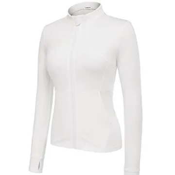 COOrun Women's Running Jacket Long Sleeve Workout Jacket with Thumb Holes Zip Up Running Jacket Lightweight White L