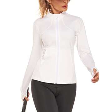 COOrun Women's Running Jacket Long Sleeve Workout Jacket with Thumb Holes Zip Up Running Jacket Lightweight White L