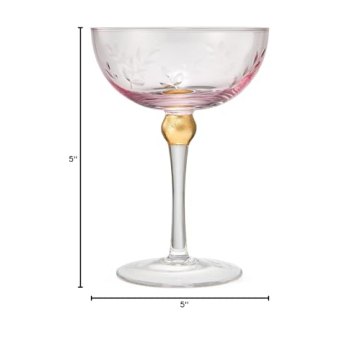 Art Deco Coupe Cocktail Glasses - Set of 4, 8oz Goblets for Champagne, Martini, Manhattan, Sidecar - Vintage Pink Crystal Glassware with Gold Stems - Speakeasy Style, Elegant Entertaining (Blush Pink)