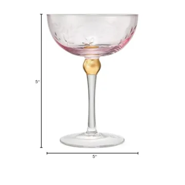 Art Deco Coupe Cocktail Glasses - Set of 4, 8oz Goblets for Champagne, Martini, Manhattan, Sidecar - Vintage Pink Crystal Glassware with Gold Stems - Speakeasy Style, Elegant Entertaining (Blush Pink)