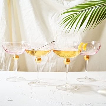 Art Deco Coupe Cocktail Glasses - Set of 4, 8oz Goblets for Champagne, Martini, Manhattan, Sidecar - Vintage Pink Crystal Glassware with Gold Stems - Speakeasy Style, Elegant Entertaining (Blush Pink)