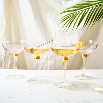 Art Deco Coupe Cocktail Glasses - Set of 4, 8oz Goblets for Champagne, Martini, Manhattan, Sidecar - Vintage Pink Crystal Glassware with Gold Stems - Speakeasy Style, Elegant Entertaining (Blush Pink)