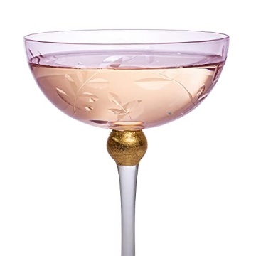 Art Deco Coupe Cocktail Glasses - Set of 4, 8oz Goblets for Champagne, Martini, Manhattan, Sidecar - Vintage Pink Crystal Glassware with Gold Stems - Speakeasy Style, Elegant Entertaining (Blush Pink)