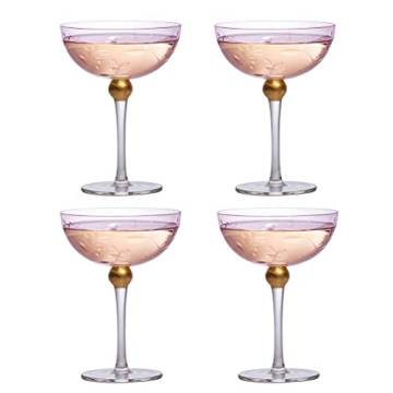 Art Deco Coupe Cocktail Glasses - Set of 4, 8oz Goblets for Champagne, Martini, Manhattan, Sidecar - Vintage Pink Crystal Glassware with Gold Stems - Speakeasy Style, Elegant Entertaining (Blush Pink)