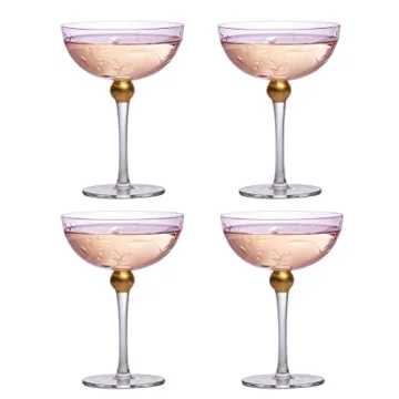 Art Deco Coupe Cocktail Glasses - Set of 4, 8oz Goblets for Champagne, Martini, Manhattan, Sidecar - Vintage Pink Crystal Glassware with Gold Stems - Speakeasy Style, Elegant Entertaining (Blush Pink)