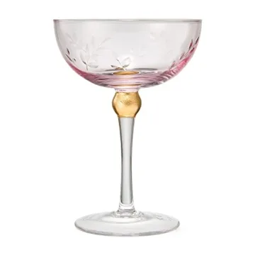 Art Deco Coupe Cocktail Glasses - Set of 4, 8oz Goblets for Champagne, Martini, Manhattan, Sidecar - Vintage Pink Crystal Glassware with Gold Stems - Speakeasy Style, Elegant Entertaining (Blush Pink)