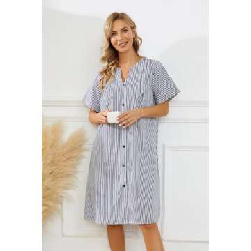 YOZLY House Dress Women Cotton Duster Robe Short Sleeve Housecoat Button Down Nightgown Navy Blue Me...