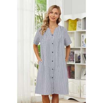 YOZLY House Dress Women Cotton Duster Robe Short Sleeve Housecoat Button Down Nightgown Navy Blue Medium