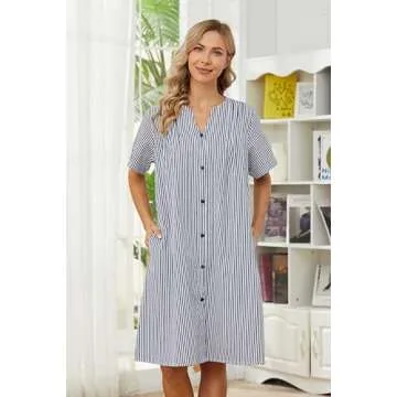 YOZLY House Dress Women Cotton Duster Robe Short Sleeve Housecoat Button Down Nightgown Navy Blue Medium