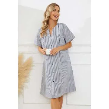 YOZLY House Dress Women Cotton Duster Robe Short Sleeve Housecoat Button Down Nightgown Navy Blue Medium