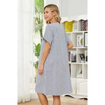 YOZLY House Dress Women Cotton Duster Robe Short Sleeve Housecoat Button Down Nightgown Navy Blue Medium