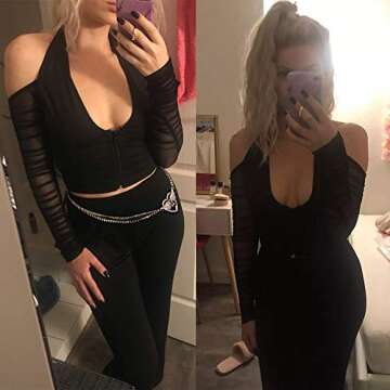Sexy Halter Top Cold Shoulder Mesh Patchwork Long Sleeve Cropped T Shirts Women Trendy Going Out Y2k Deep V Neck Ruched Rave Corset Crop Tops (Black, S)