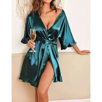 Ekouaer Womens Silk Ruffle Robe Short Satin Kimono Robe Half Sleeve Bathrobe Bridesmaid Wedding Party Dressing Gown