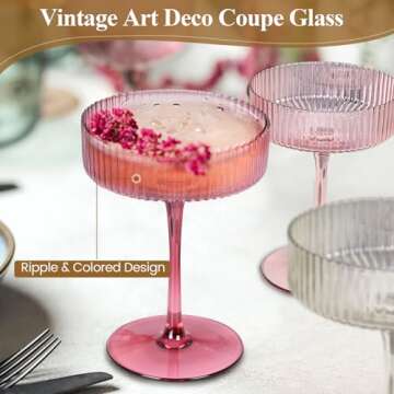 LUXULISH Art Deco Colored Vintage Coupe Glasses, Ribbed Crystal Handmade Martini, Cocktail & Champag...