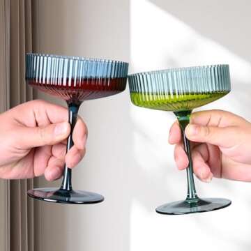 LUXULISH Art Deco Colored Vintage Coupe Glasses, Ribbed Crystal Handmade Martini, Cocktail & Champagne Glasses, Perfect for Dessert, Manhattan, Cosmopolitan, Gimlet, Pisco Sour - 7Oz