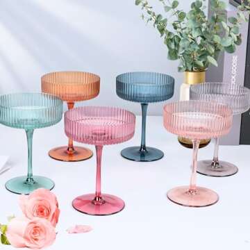 LUXULISH Art Deco Colored Vintage Coupe Glasses, Ribbed Crystal Handmade Martini, Cocktail & Champagne Glasses, Perfect for Dessert, Manhattan, Cosmopolitan, Gimlet, Pisco Sour - 7Oz