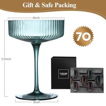 LUXULISH Art Deco Colored Vintage Coupe Glasses, Ribbed Crystal Handmade Martini, Cocktail & Champagne Glasses, Perfect for Dessert, Manhattan, Cosmopolitan, Gimlet, Pisco Sour - 7Oz