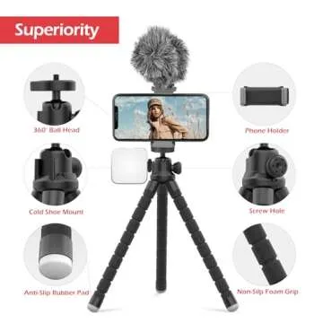 Aureday Cell Phone Tripod, Flexible Mini Tripod with Remote and Cold Shoe, Small Tripod Stand for Video Recording, Vlogging, Compatible with Microphones,Cellphone,Camera,Gopro Black