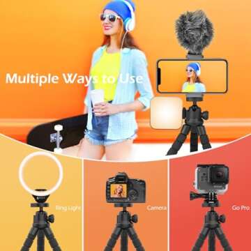Aureday Cell Phone Tripod, Flexible Mini Tripod with Remote and Cold Shoe, Small Tripod Stand for Video Recording, Vlogging, Compatible with Microphones,Cellphone,Camera,Gopro Black