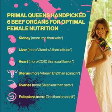 Primal Queen Female-Optimized Beef Organ Superfood Supplement (Beef Liver, Kidney, Heart, & 3 More) - 100% Grass Fed, Pasture Raised Cattle - Balance Hormones, Energy, & More for Women