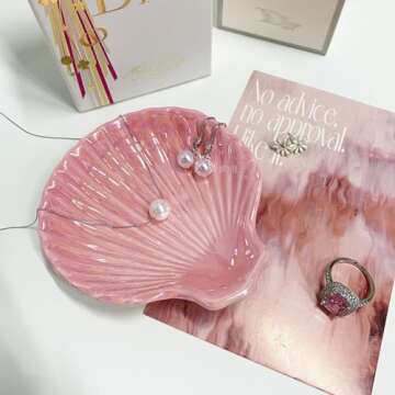 Shell Shape Ring Holder Dish, Seashell Jewelry Dish Tray, Ceramic Trinket Tray for Rings Earrings Necklaces Bracelet, Birthday Christmas Gift for Mom Friend Sister, 3.9", Pink Iridescent Surface