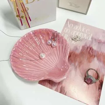 Shell Shape Ring Holder Dish, Seashell Jewelry Dish Tray, Ceramic Trinket Tray for Rings Earrings Necklaces Bracelet, Birthday Christmas Gift for Mom Friend Sister, 3.9", Pink Iridescent Surface
