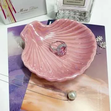 Shell Shape Ring Holder Dish, Seashell Jewelry Dish Tray, Ceramic Trinket Tray for Rings Earrings Necklaces Bracelet, Birthday Christmas Gift for Mom Friend Sister, 3.9", Pink Iridescent Surface