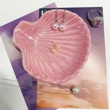 Shell Shape Ring Holder Dish, Seashell Jewelry Dish Tray, Ceramic Trinket Tray for Rings Earrings Necklaces Bracelet, Birthday Christmas Gift for Mom Friend Sister, 3.9", Pink Iridescent Surface