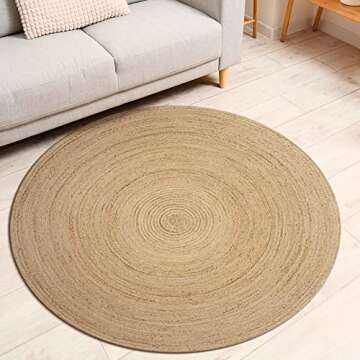 THE BEER VALLEY Jute Braided Boho Area Rug, 4' Round - Natural, Hand Woven Farmhouse Reversible Rugs for Living Room, Kitchen, Bedroom - 4 Feet Round
