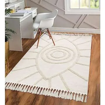 Uphome Boho Area Rug 4'x6' Washable Evil Eye Tufted Living Room Rug with Tassels Soft Cotton Woven Nursery Rug Farmhouse Aesthetic Beige Indoor Carpet for Home Kitchen Dining Room Bedroom