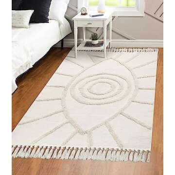 Uphome Boho Area Rug 4'x6' Washable Evil Eye Tufted Living Room Rug with Tassels Soft Cotton Woven Nursery Rug Farmhouse Aesthetic Beige Indoor Carpet for Home Kitchen Dining Room Bedroom